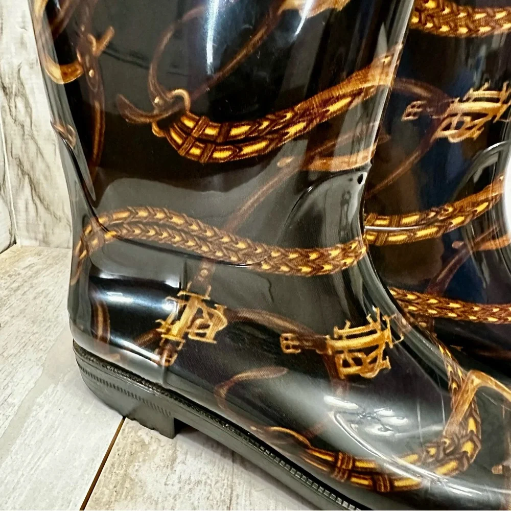 Ralph Lauren Black Gold Chain Horse Tack Pattern Rubber Rain Boots Farmcore